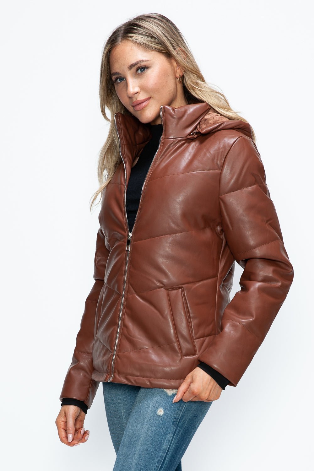 HOW DARE U - Vegan Leather Zip Up Puffer Jacket in Brandy