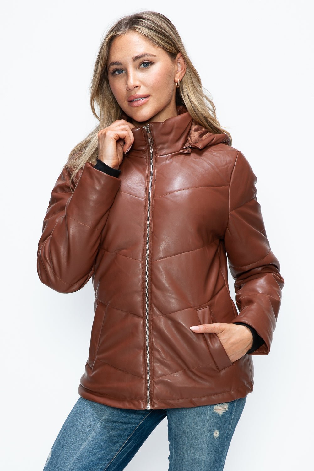 HOW DARE U - Vegan Leather Zip Up Puffer Jacket in Brandy