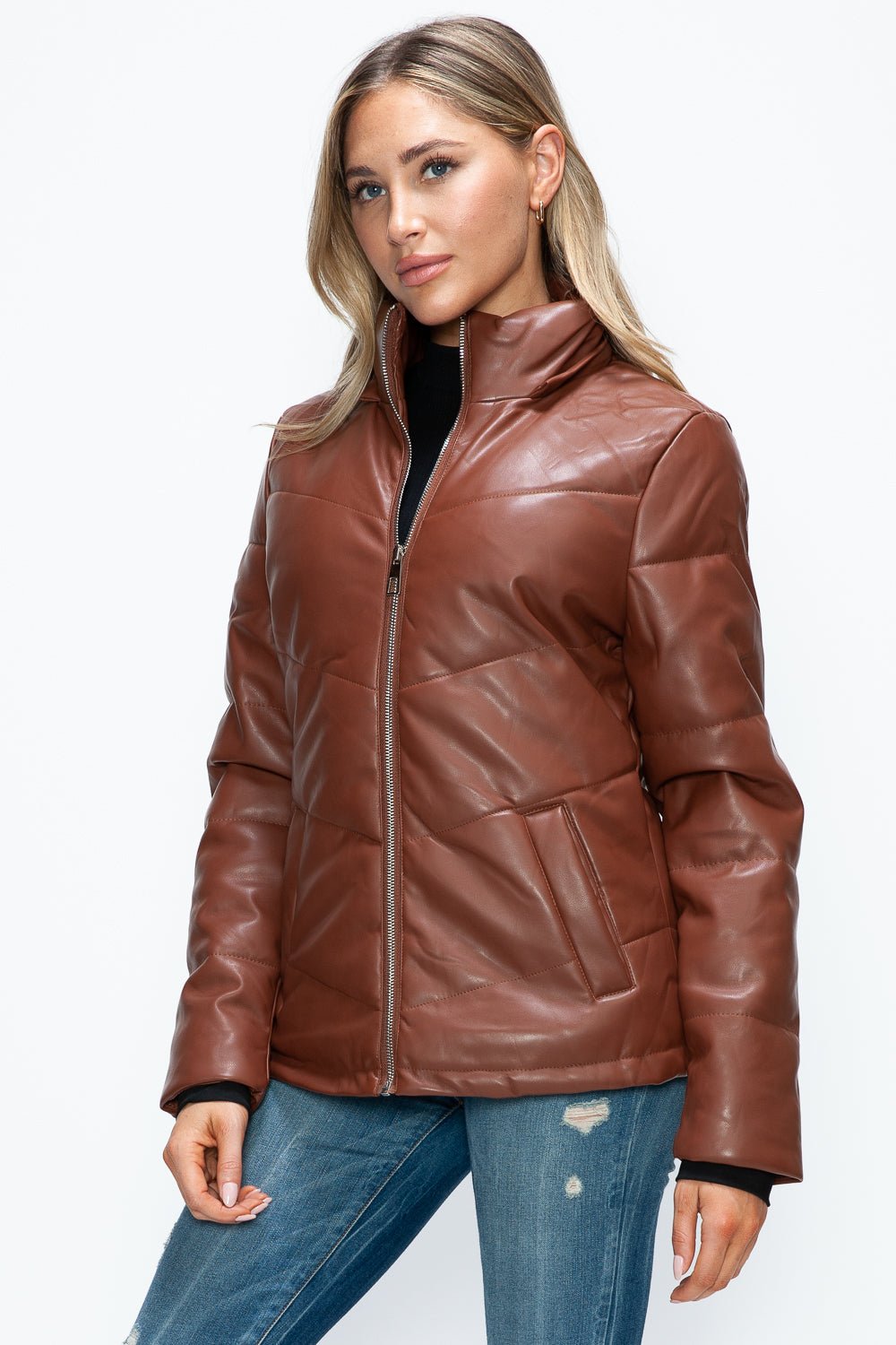 HOW DARE U - Vegan Leather Zip Up Puffer Jacket in Brandy