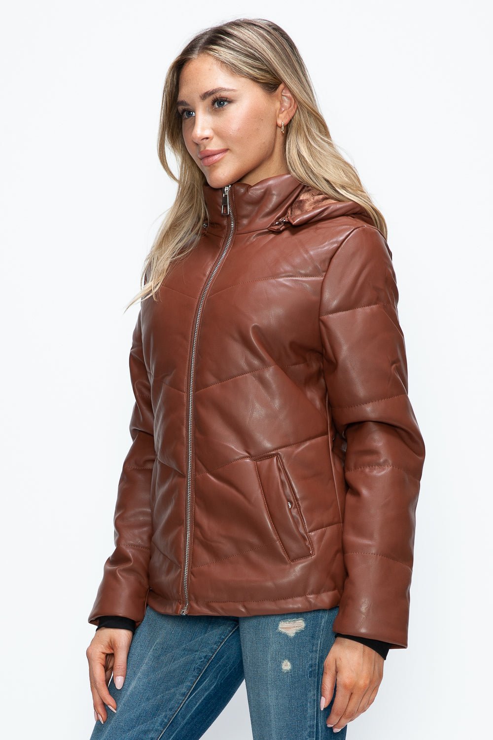 HOW DARE U - Vegan Leather Zip Up Puffer Jacket in Brandy