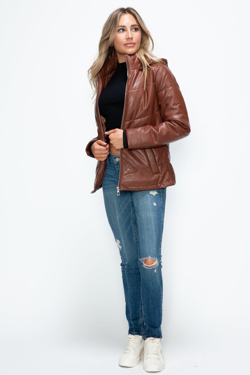 HOW DARE U - Vegan Leather Zip Up Puffer Jacket in Brandy