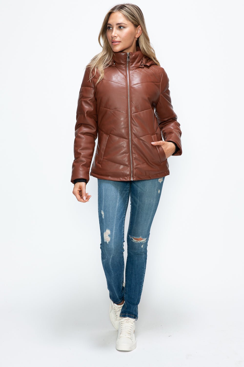 HOW DARE U - Vegan Leather Zip Up Puffer Jacket in Brandy