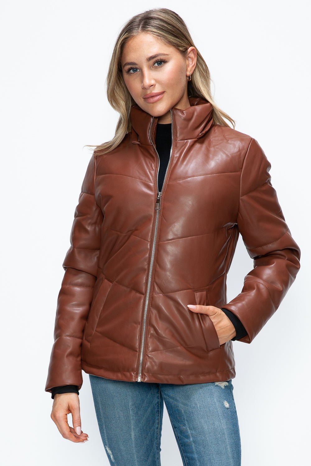 HOW DARE U - Vegan Leather Zip Up Puffer Jacket in Brandy