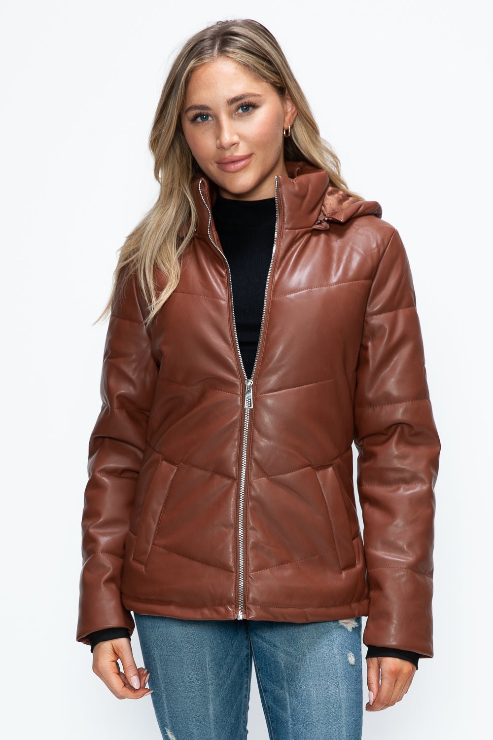 HOW DARE U - Vegan Leather Zip Up Puffer Jacket in Brandy