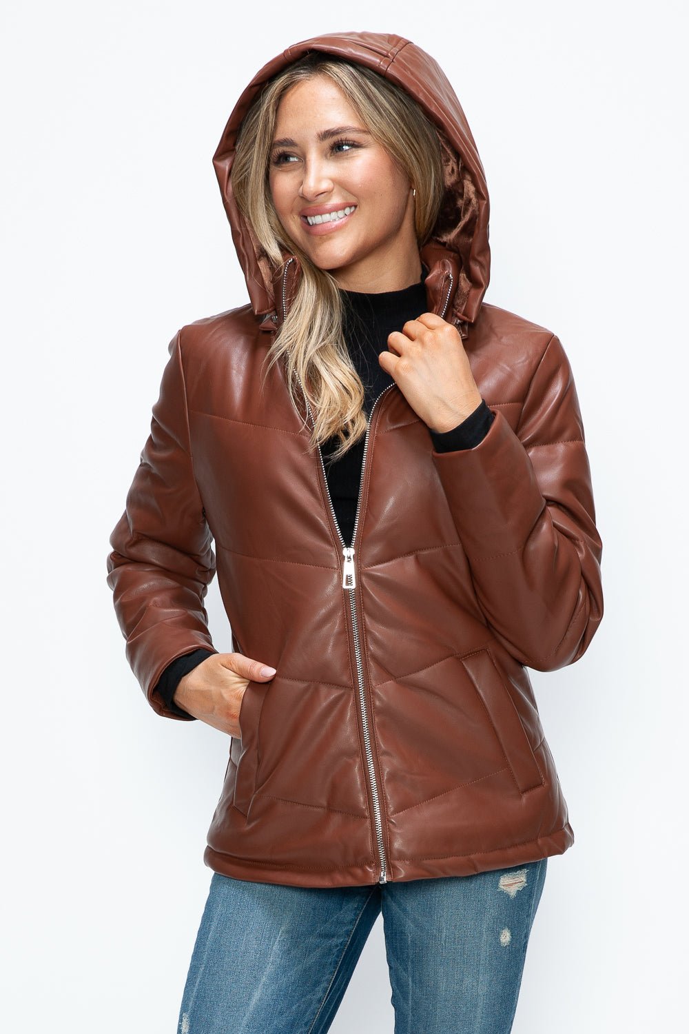 HOW DARE U - Vegan Leather Zip Up Puffer Jacket in Brandy