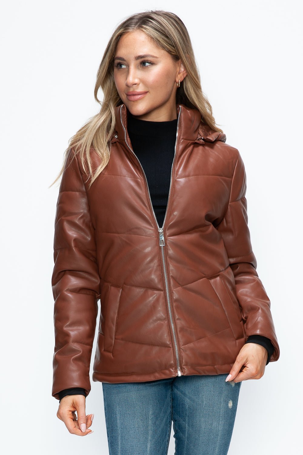 HOW DARE U - Vegan Leather Zip Up Puffer Jacket in Brandy