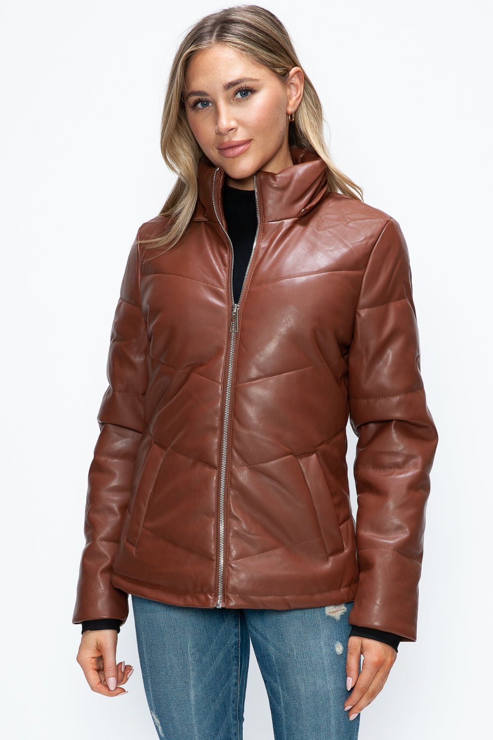 HOW DARE U - Vegan Leather Zip Up Puffer Jacket in Brandy