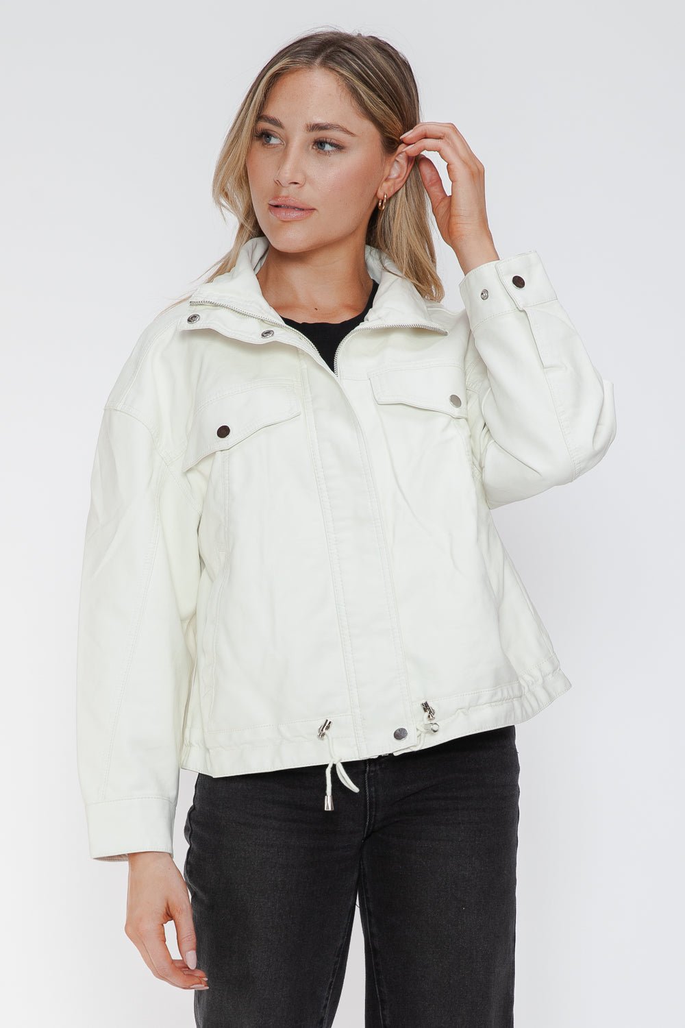 HOW DARE U - White Drawstring Hem Vegan Leather Jacket