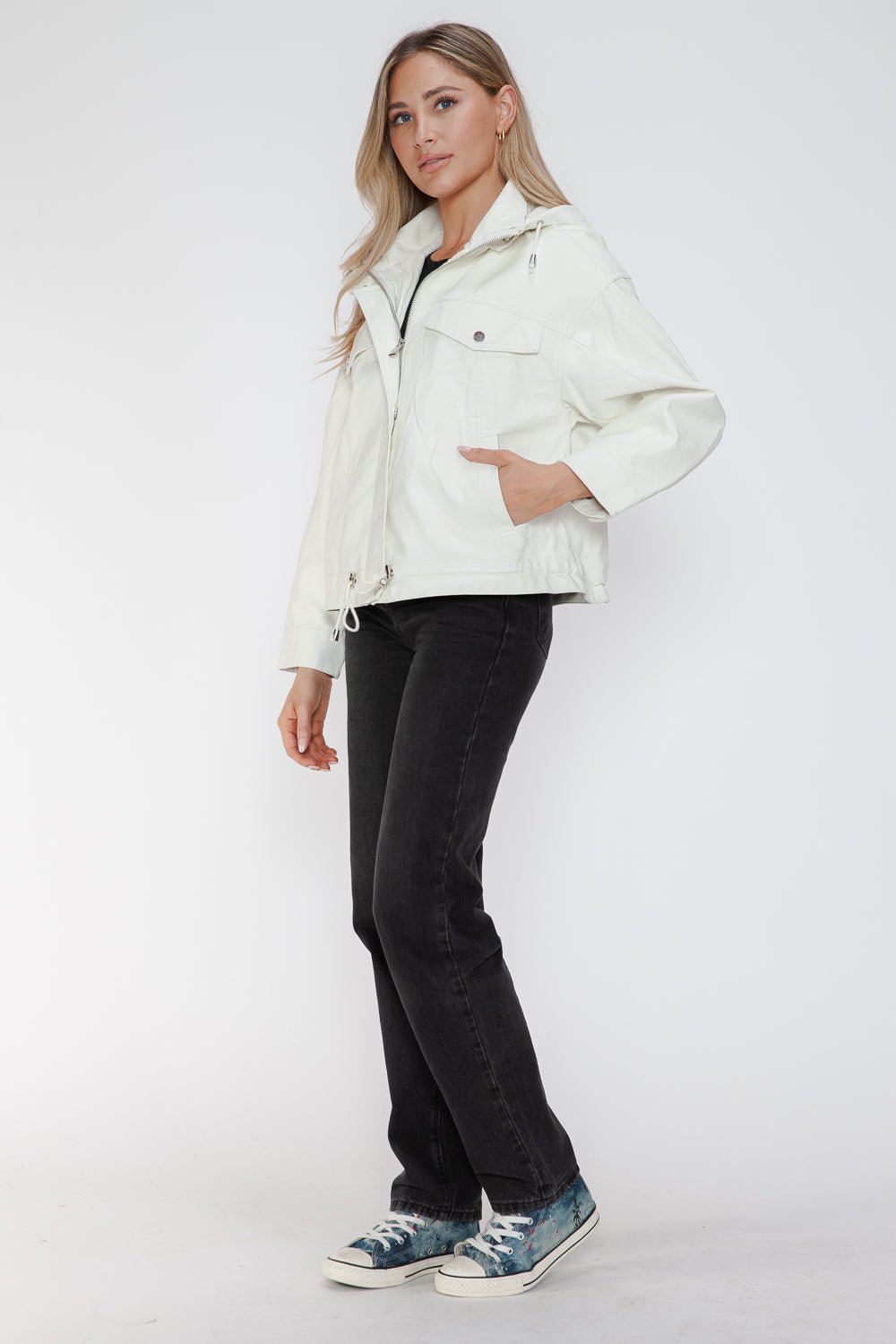 HOW DARE U - White Drawstring Hem Vegan Leather Jacket