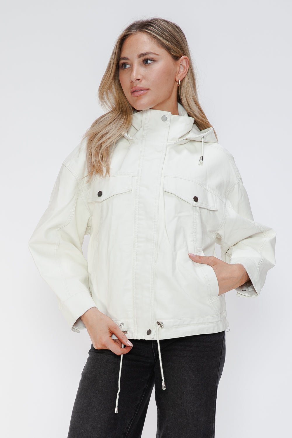 HOW DARE U - White Drawstring Hem Vegan Leather Jacket