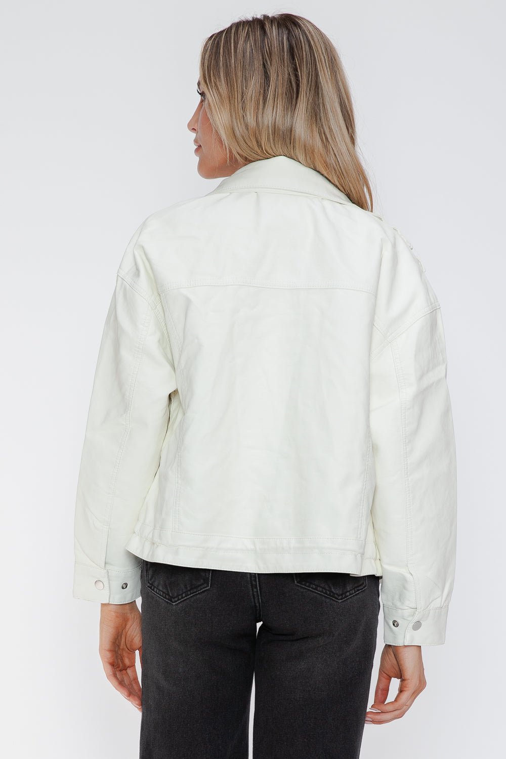 HOW DARE U - White Drawstring Hem Vegan Leather Jacket