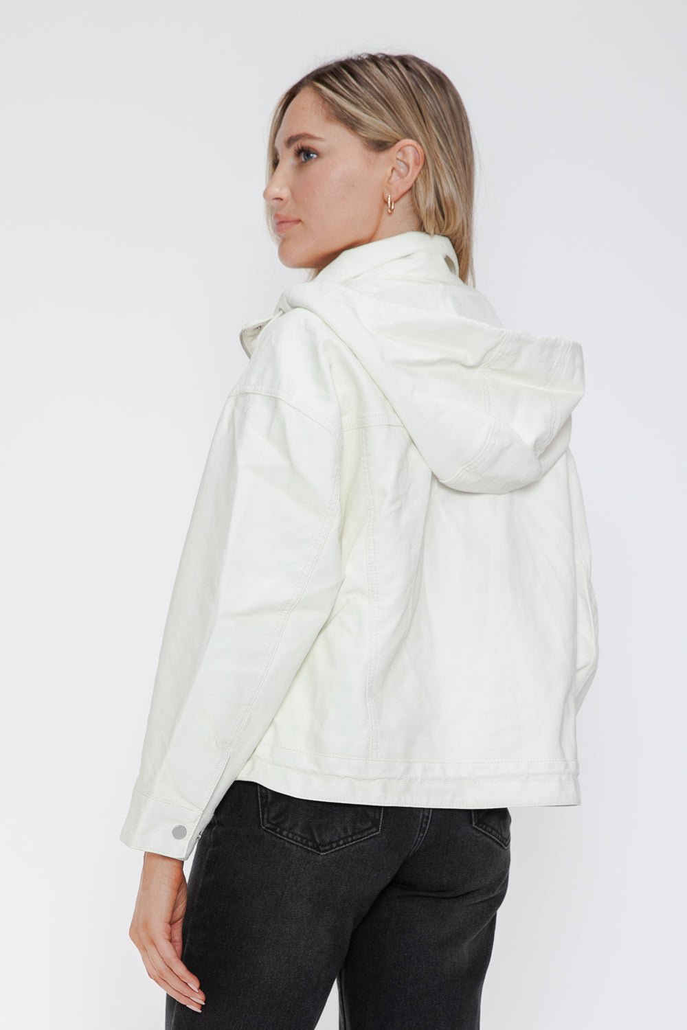 HOW DARE U - White Drawstring Hem Vegan Leather Jacket