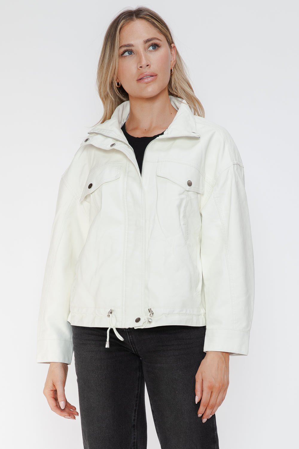 HOW DARE U - White Drawstring Hem Vegan Leather Jacket