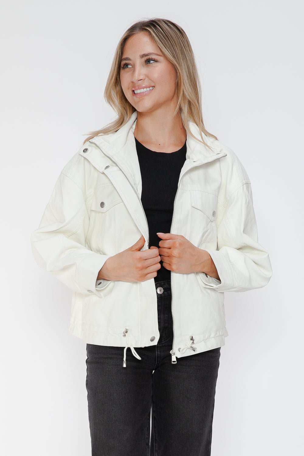 HOW DARE U - White Drawstring Hem Vegan Leather Jacket