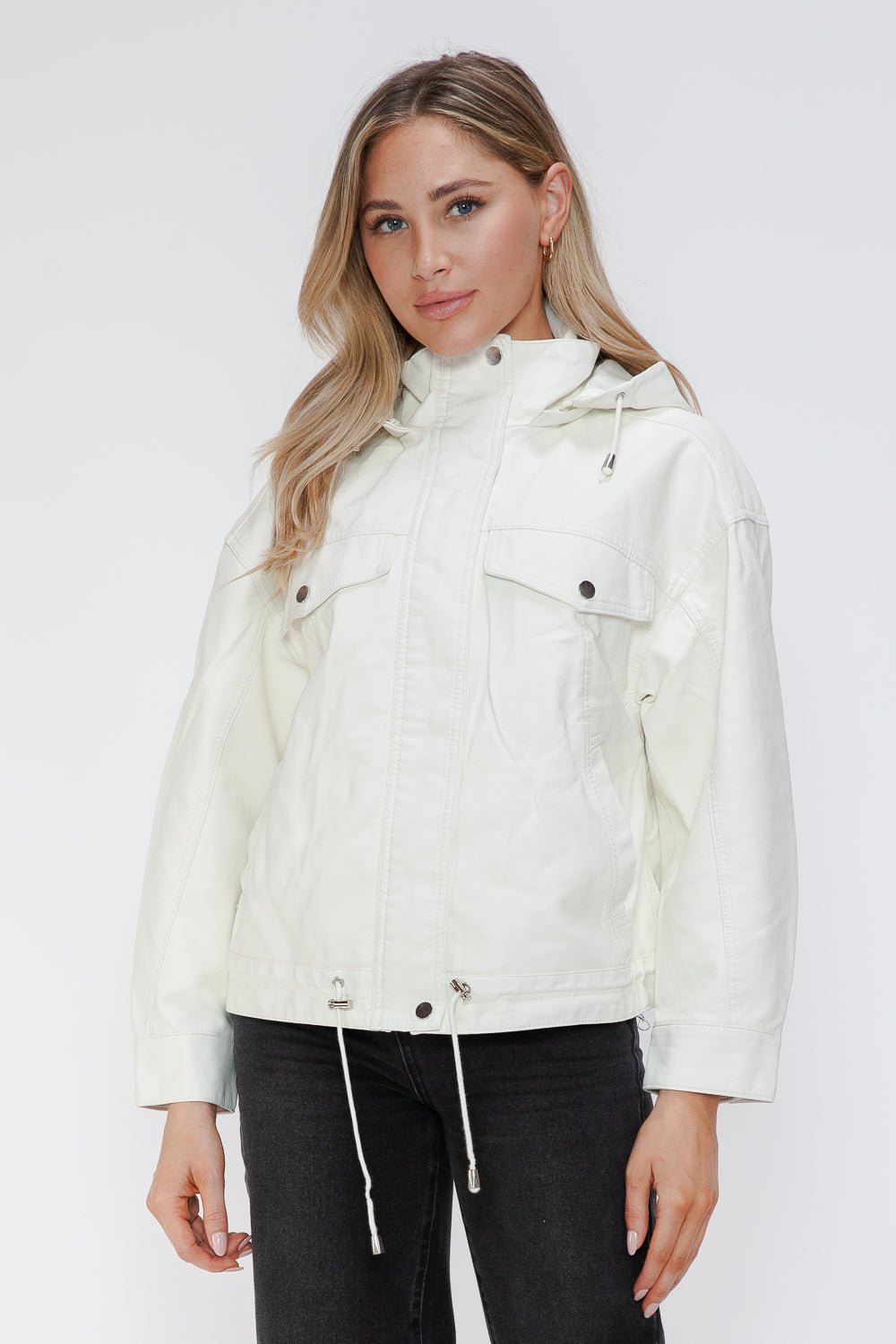 HOW DARE U - White Drawstring Hem Vegan Leather Jacket