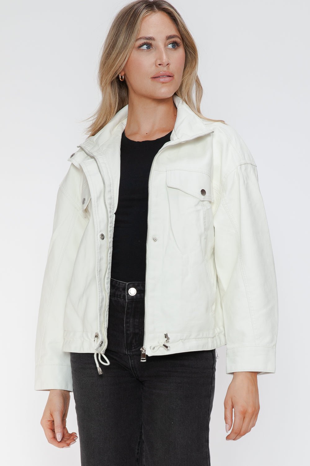 HOW DARE U - White Drawstring Hem Vegan Leather Jacket