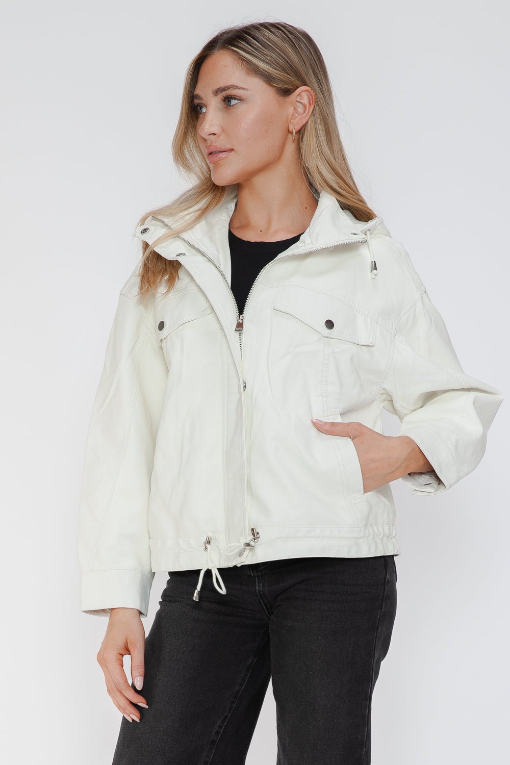 HOW DARE U - White Drawstring Hem Vegan Leather Jacket