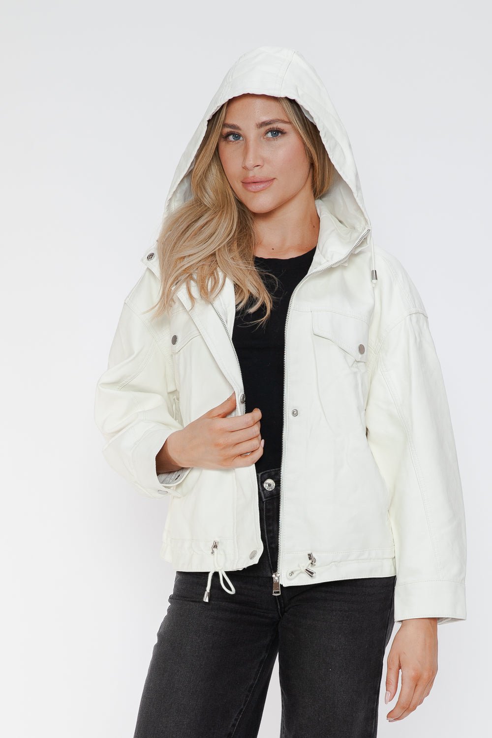 HOW DARE U - White Drawstring Hem Vegan Leather Jacket