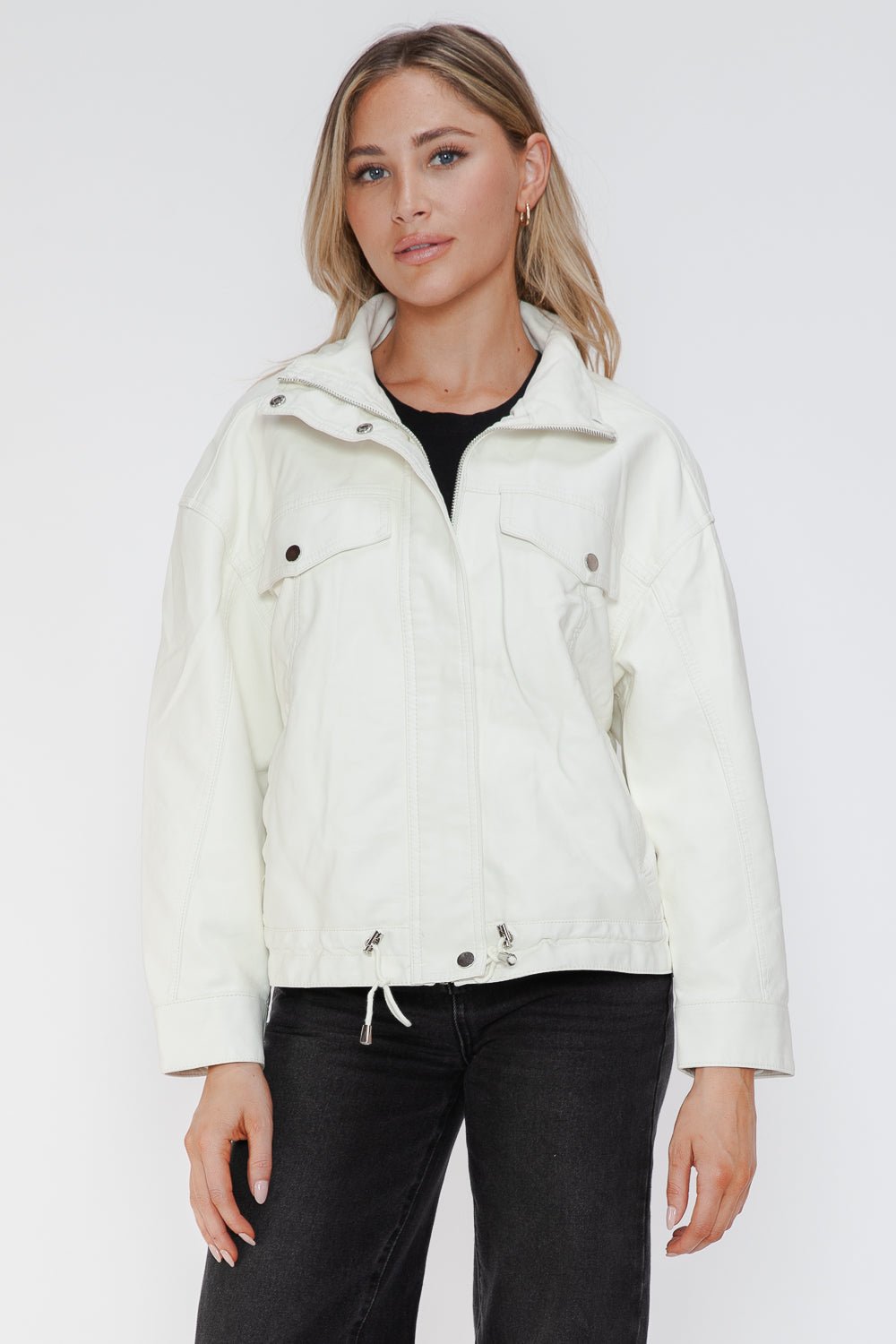 HOW DARE U - White Drawstring Hem Vegan Leather Jacket