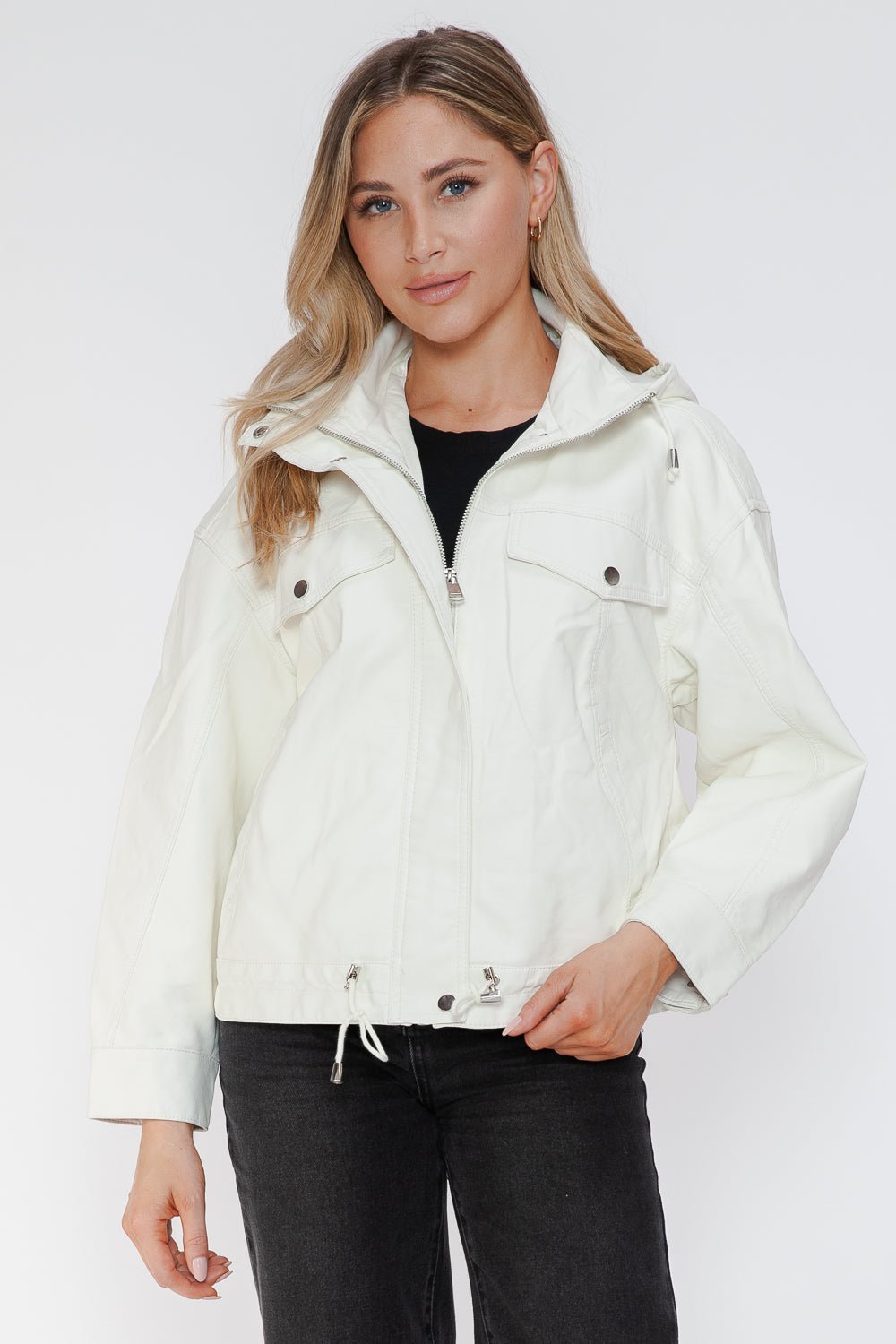 HOW DARE U - White Drawstring Hem Vegan Leather Jacket