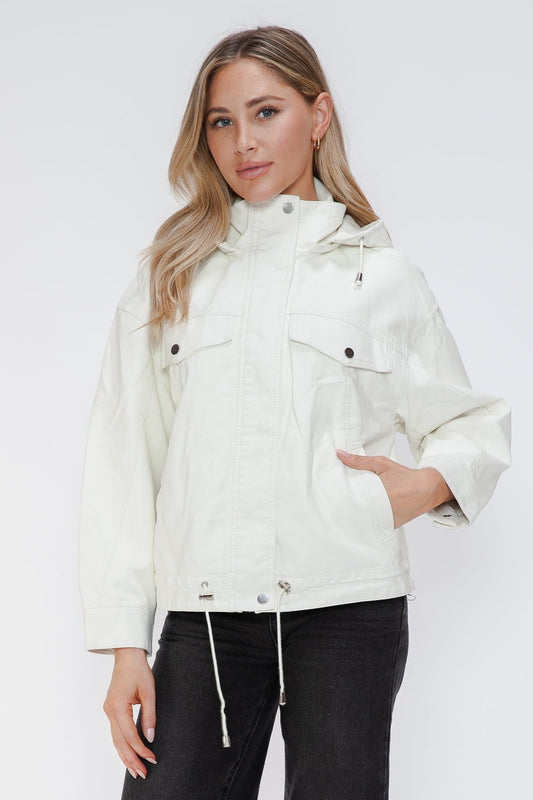 HOW DARE U - White Drawstring Hem Vegan Leather Jacket