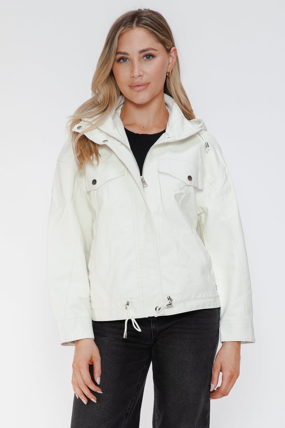 HOW DARE U - White Drawstring Hem Vegan Leather Jacket