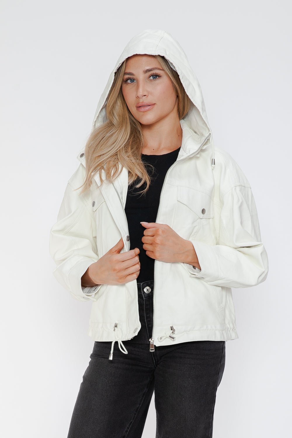 HOW DARE U - White Drawstring Hem Vegan Leather Jacket