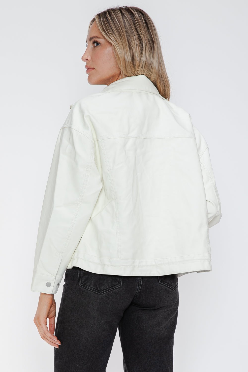 HOW DARE U - White Drawstring Hem Vegan Leather Jacket