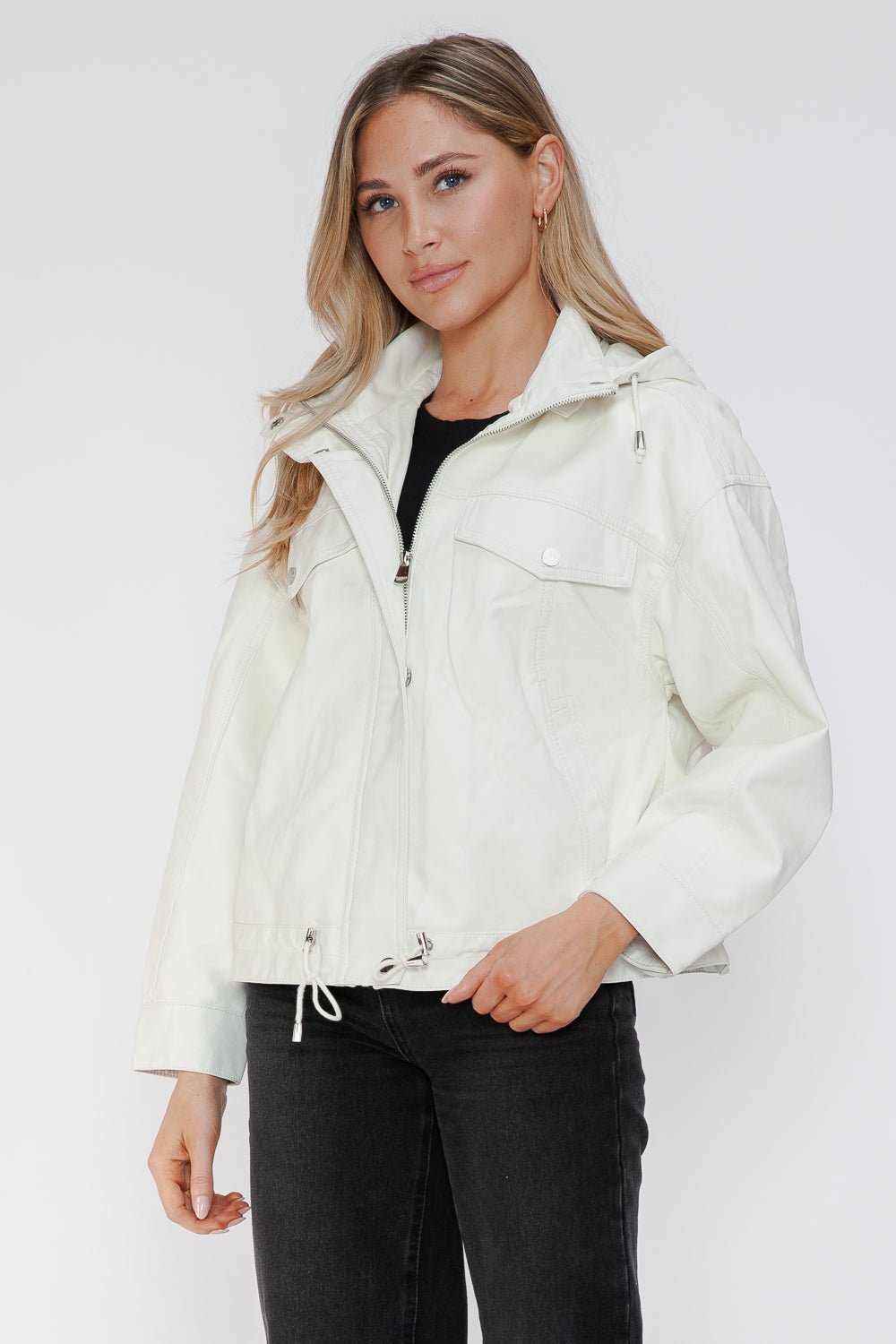 HOW DARE U - White Drawstring Hem Vegan Leather Jacket