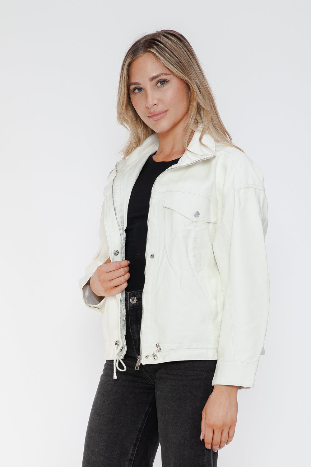 HOW DARE U - White Drawstring Hem Vegan Leather Jacket