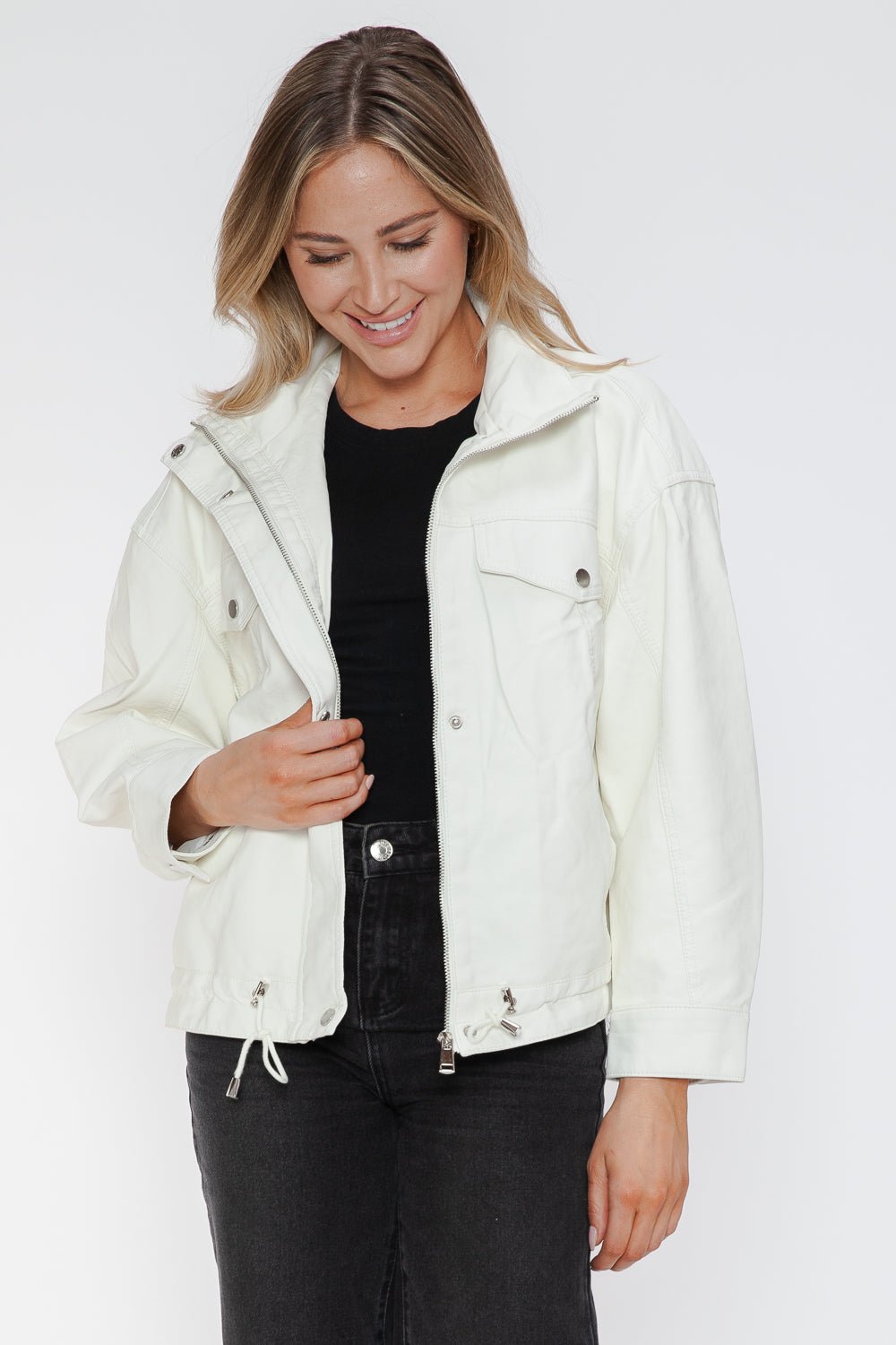 HOW DARE U - White Drawstring Hem Vegan Leather Jacket