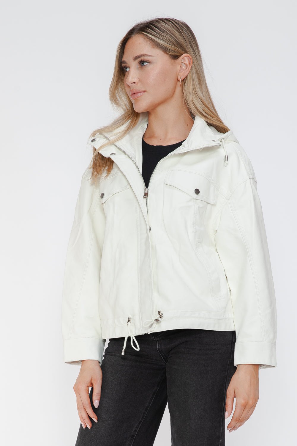 HOW DARE U - White Drawstring Hem Vegan Leather Jacket