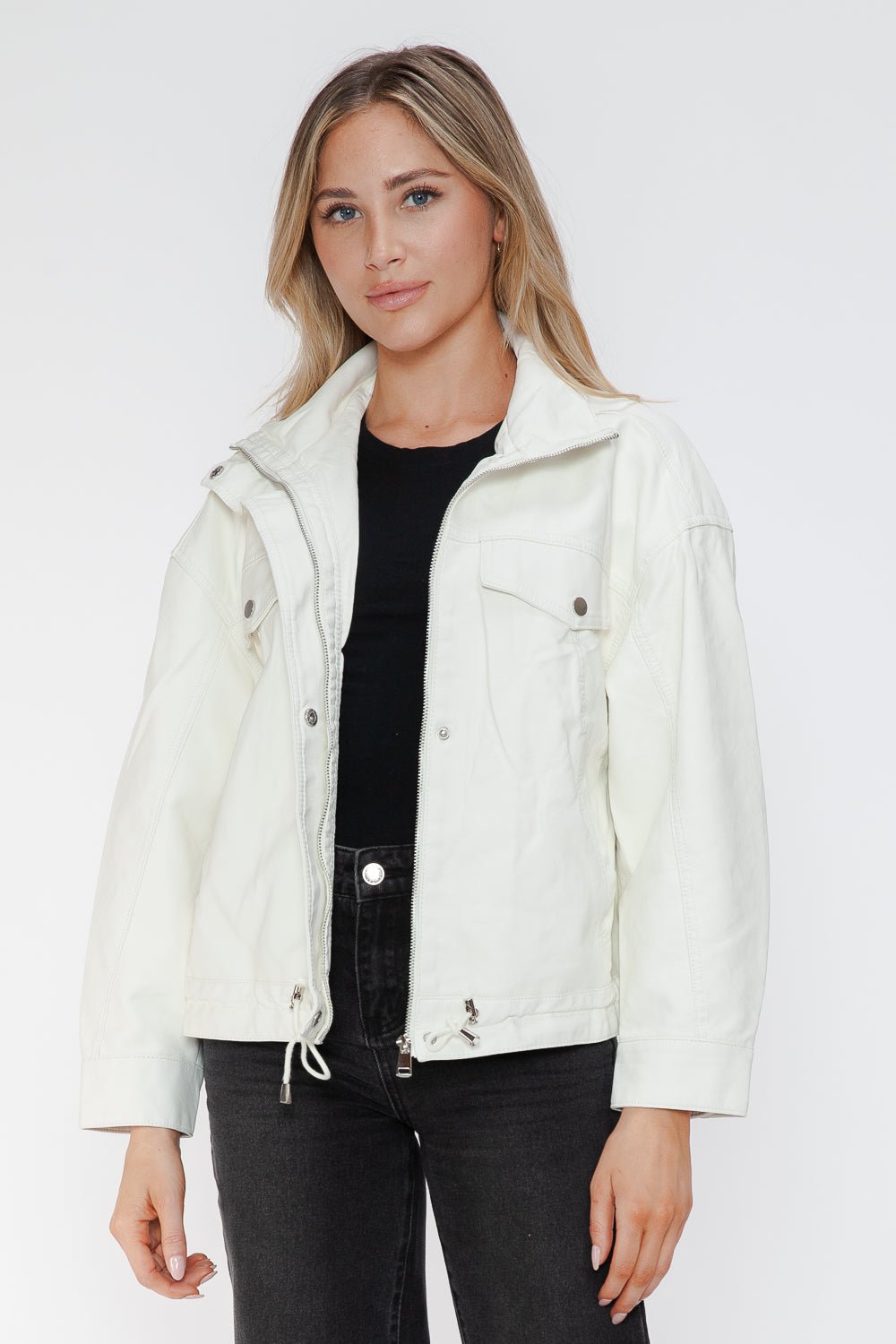 HOW DARE U - White Drawstring Hem Vegan Leather Jacket