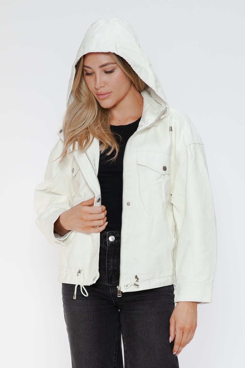 HOW DARE U - White Drawstring Hem Vegan Leather Jacket