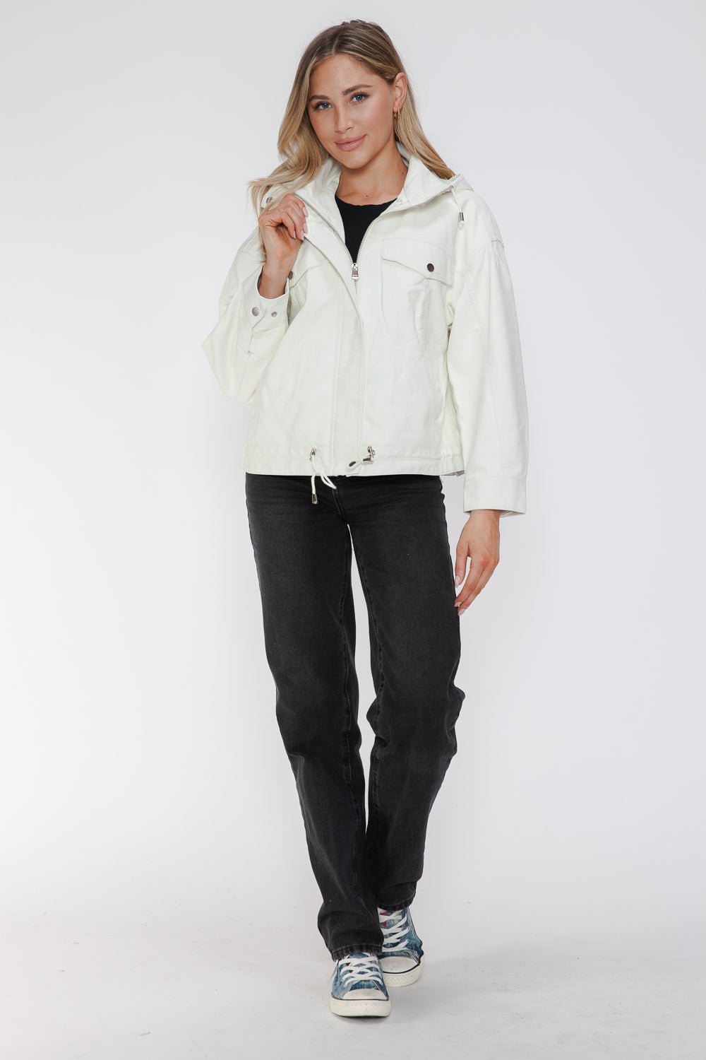 HOW DARE U - White Drawstring Hem Vegan Leather Jacket