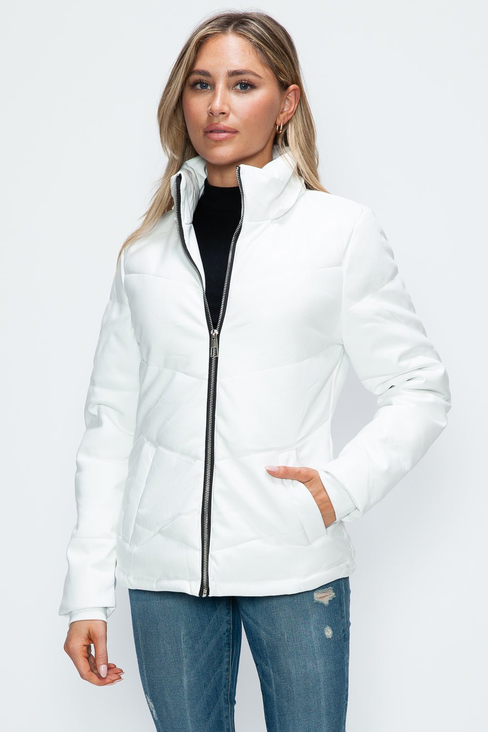 HOW DARE U - White Vegan Leather Zip Up Puffer Jacket