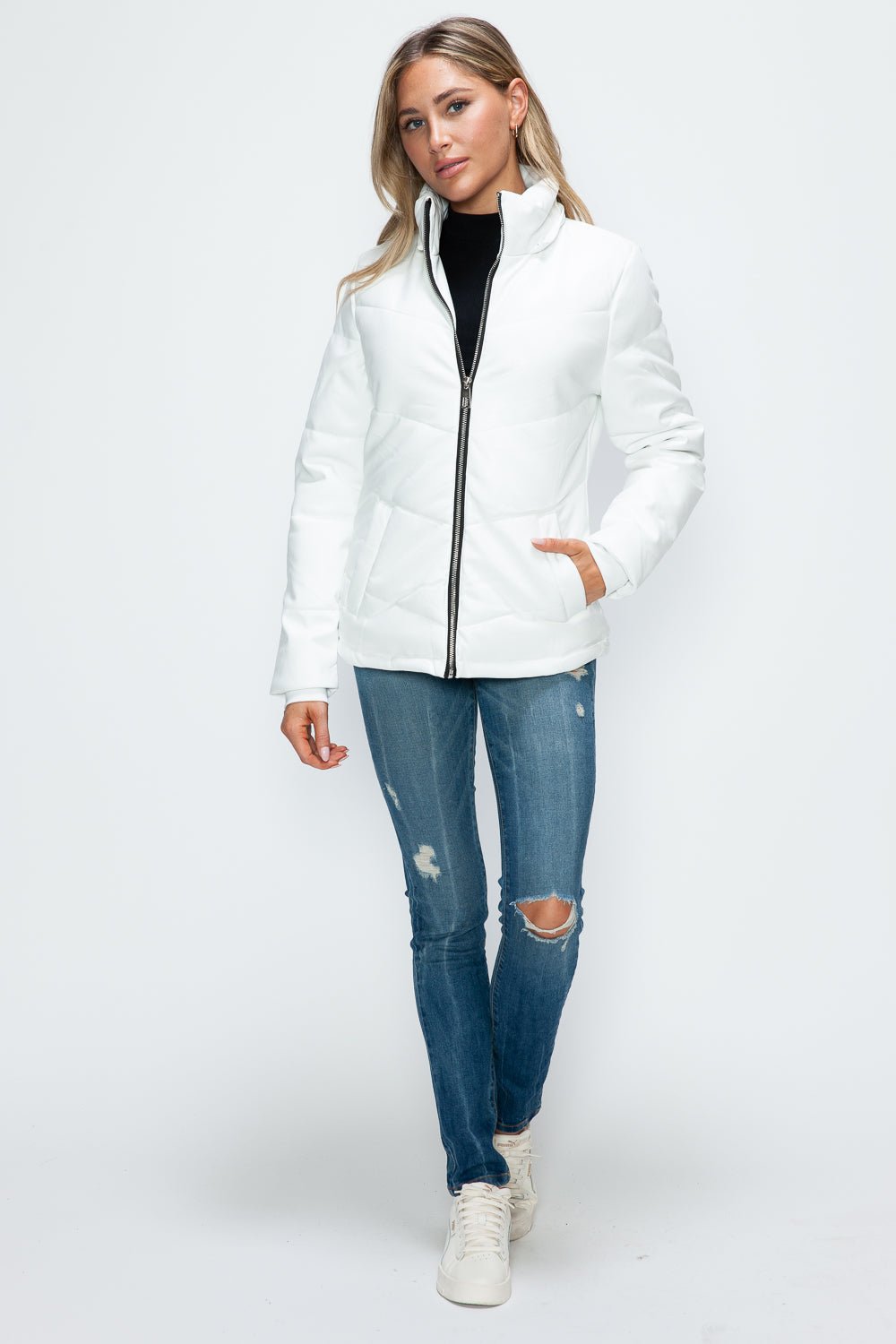 HOW DARE U - White Vegan Leather Zip Up Puffer Jacket