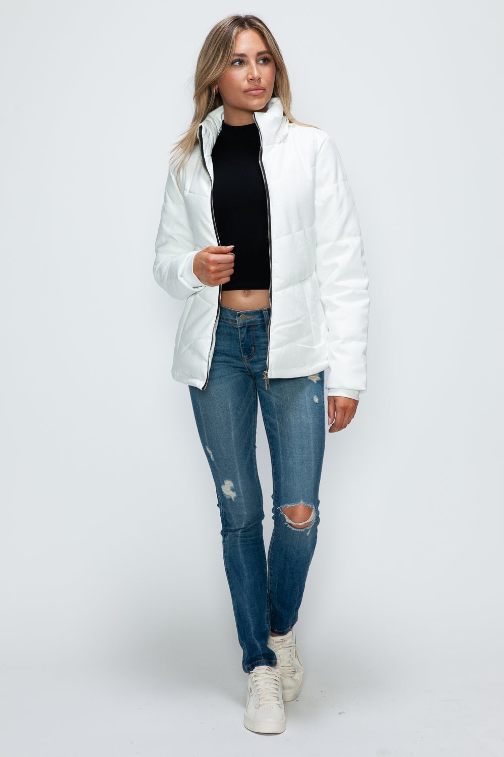 HOW DARE U - White Vegan Leather Zip Up Puffer Jacket