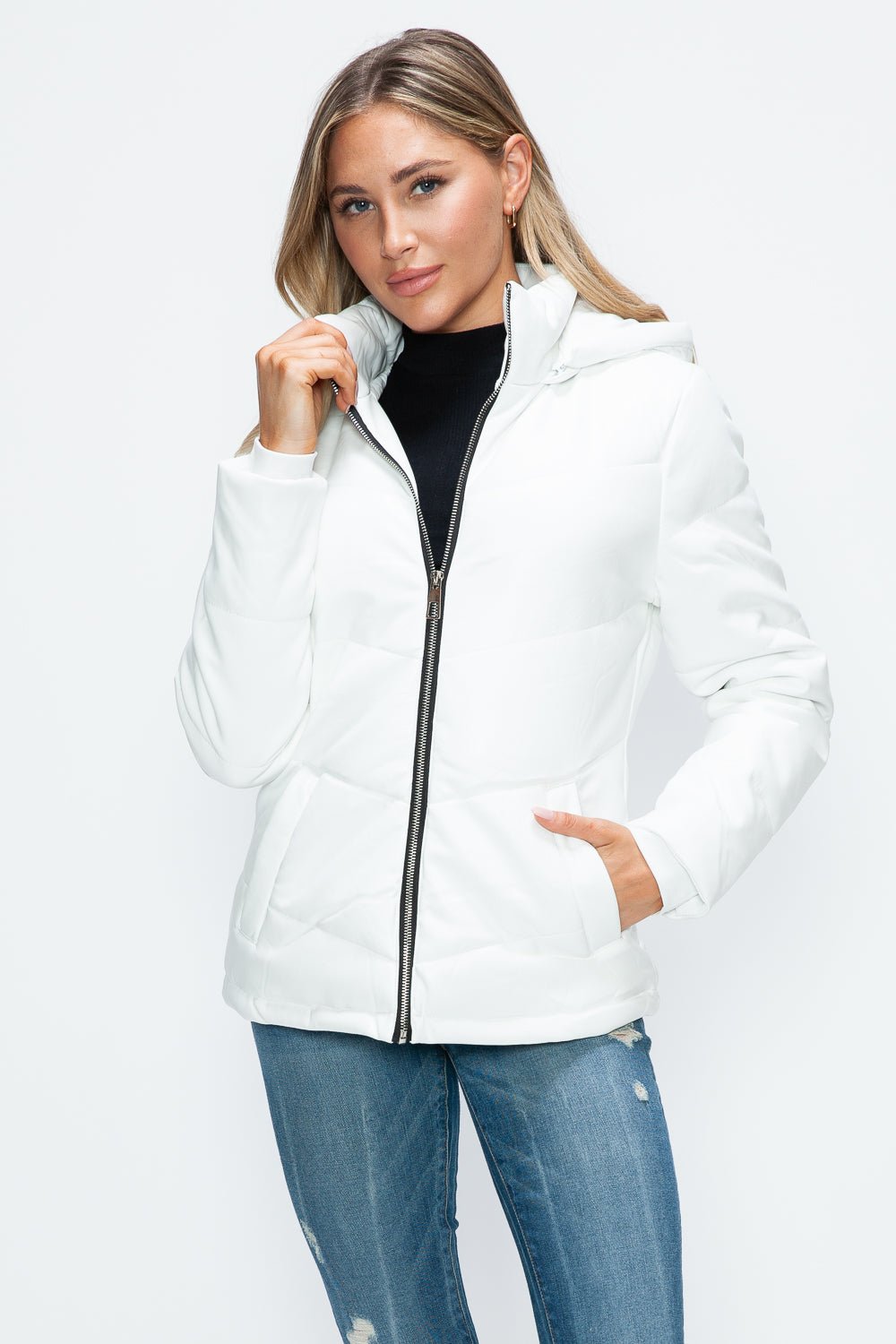 HOW DARE U - White Vegan Leather Zip Up Puffer Jacket