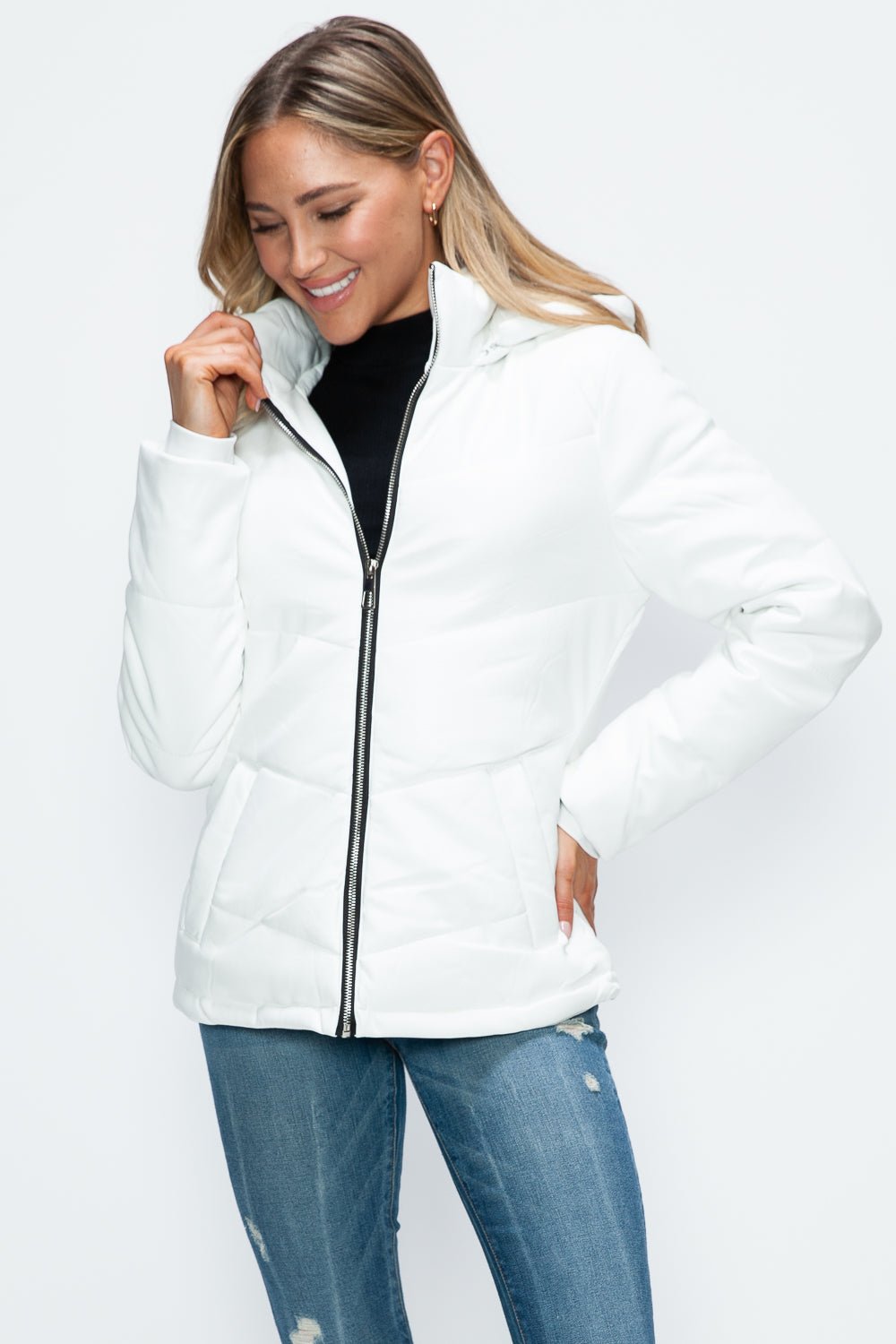 HOW DARE U - White Vegan Leather Zip Up Puffer Jacket