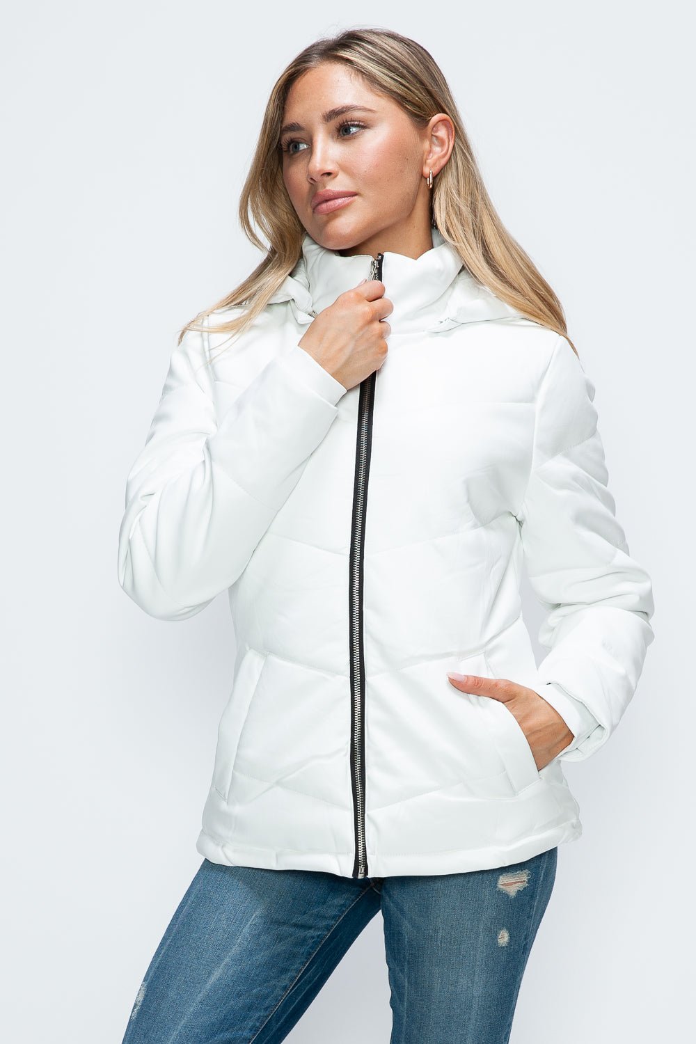 HOW DARE U - White Vegan Leather Zip Up Puffer Jacket