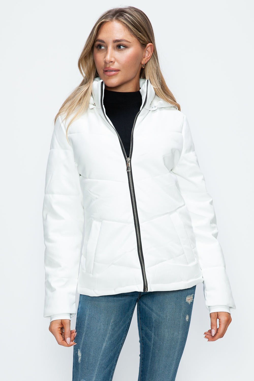 HOW DARE U - White Vegan Leather Zip Up Puffer Jacket