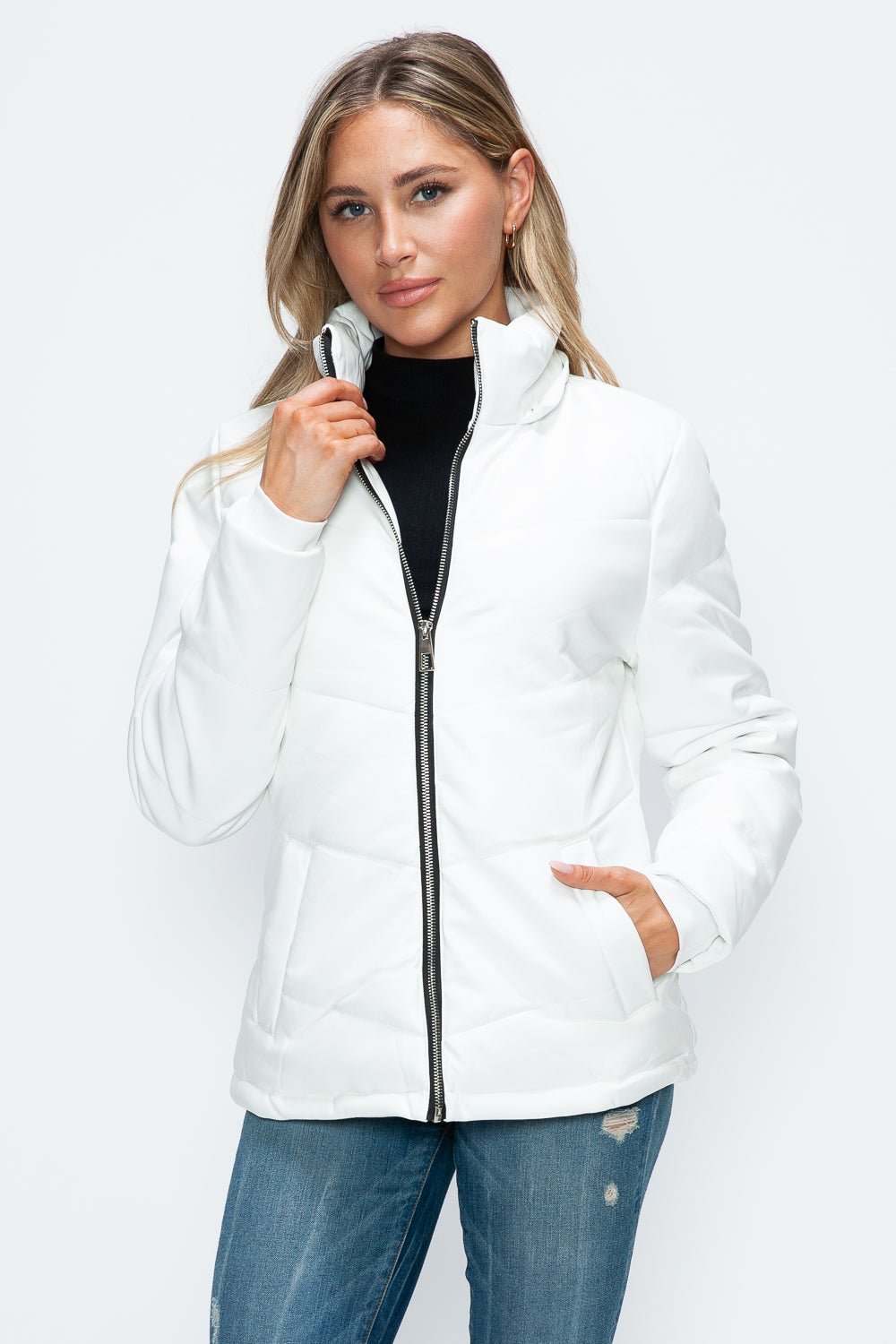 HOW DARE U - White Vegan Leather Zip Up Puffer Jacket