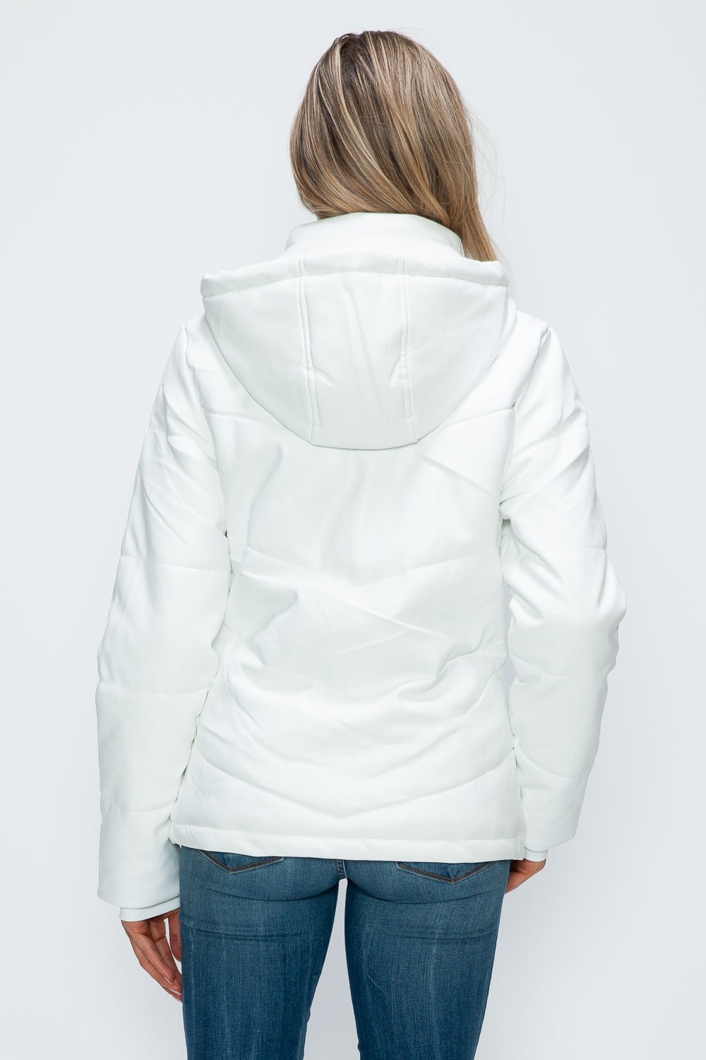 HOW DARE U - White Vegan Leather Zip Up Puffer Jacket