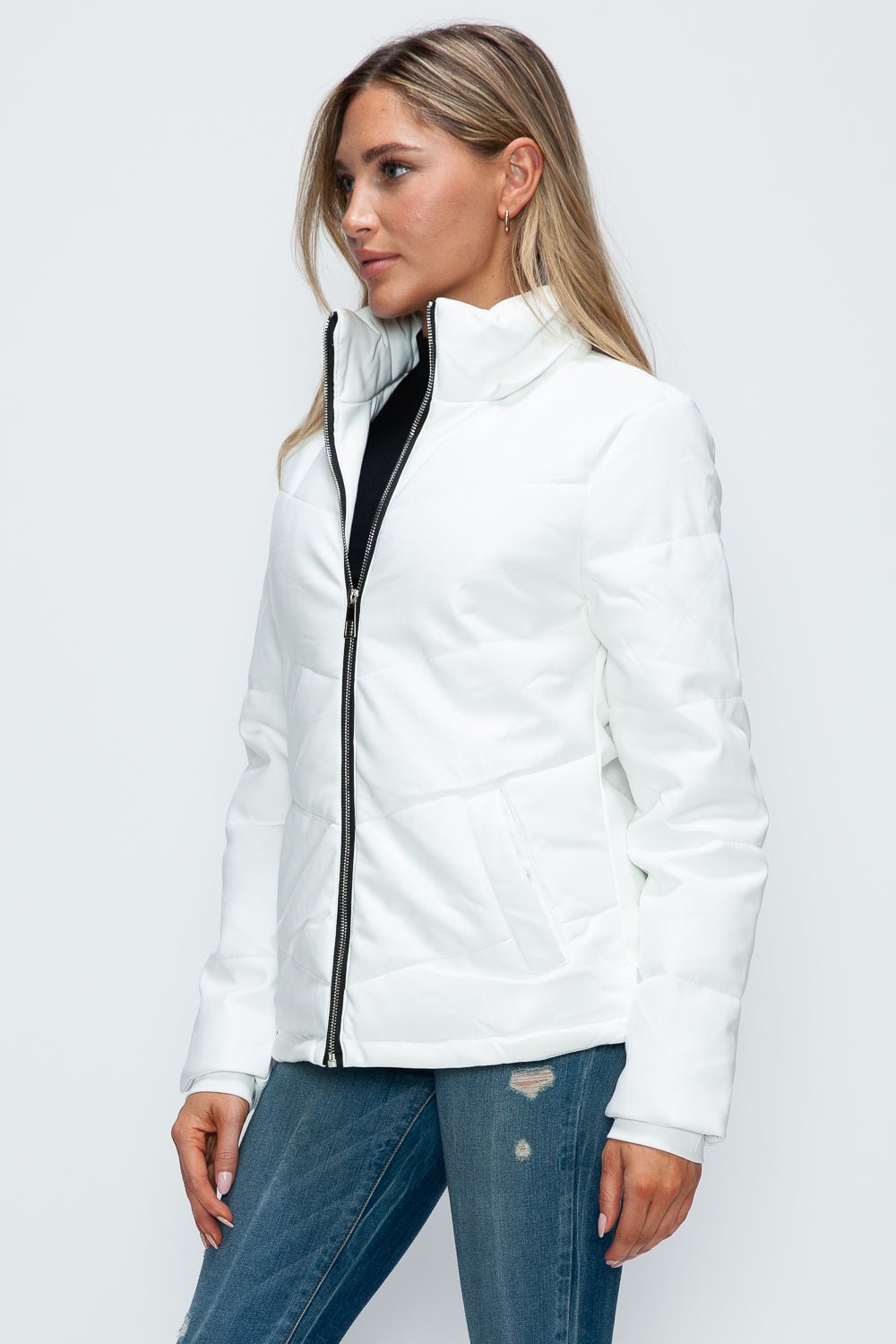 HOW DARE U - White Vegan Leather Zip Up Puffer Jacket