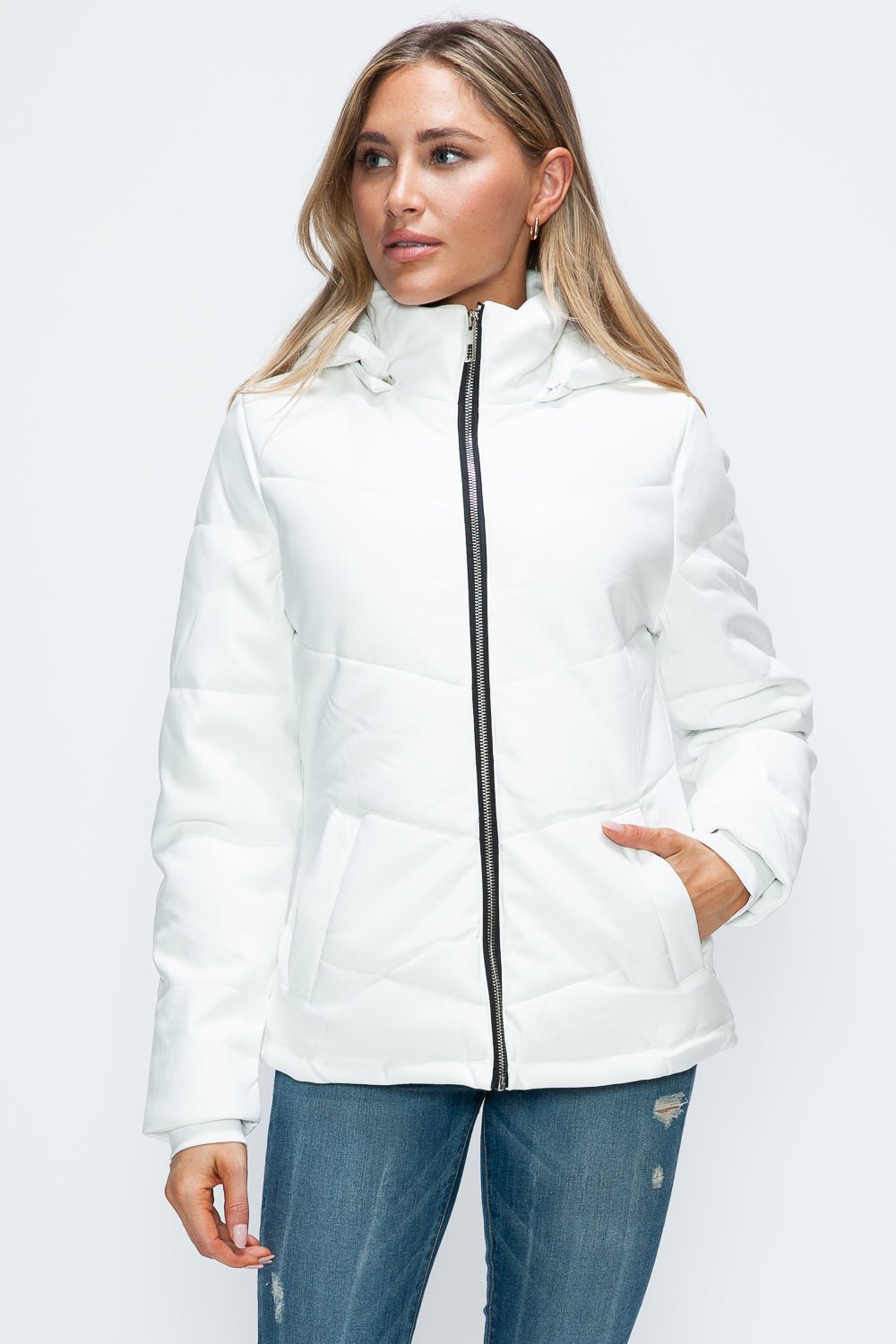 HOW DARE U - White Vegan Leather Zip Up Puffer Jacket