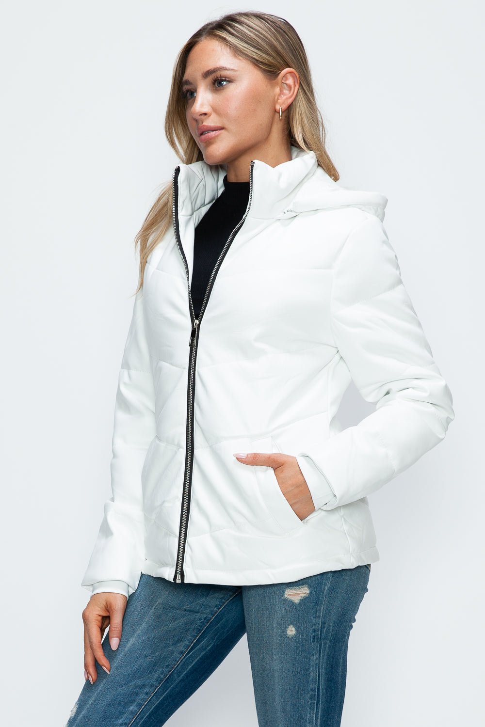 HOW DARE U - White Vegan Leather Zip Up Puffer Jacket