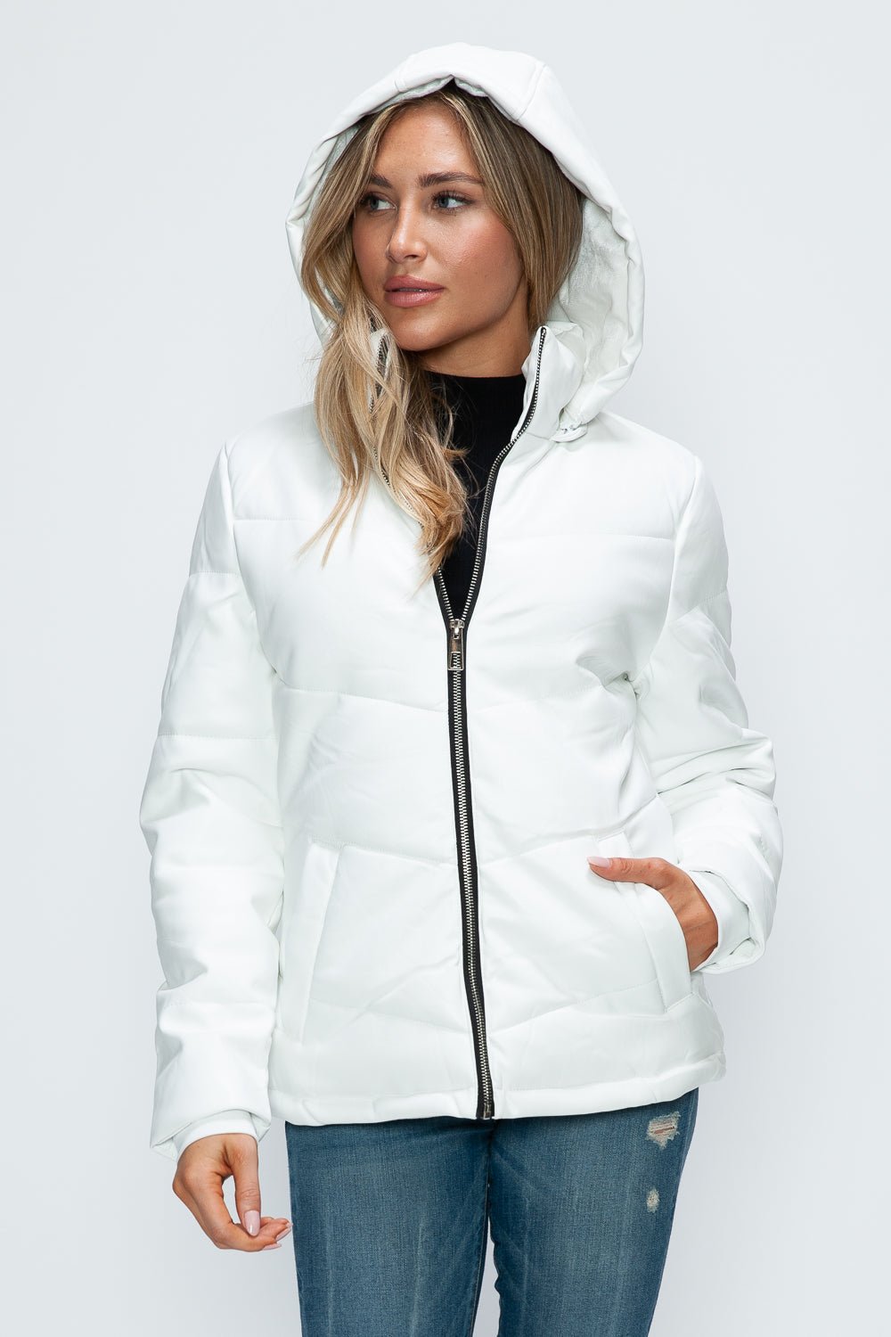 HOW DARE U - White Vegan Leather Zip Up Puffer Jacket