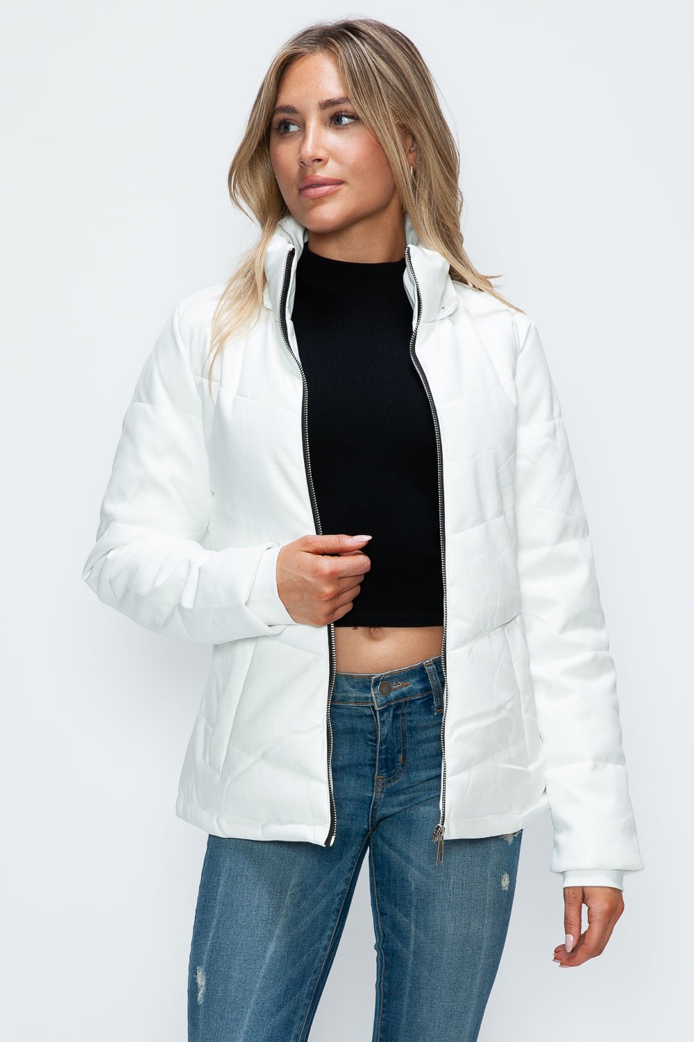 HOW DARE U - White Vegan Leather Zip Up Puffer Jacket