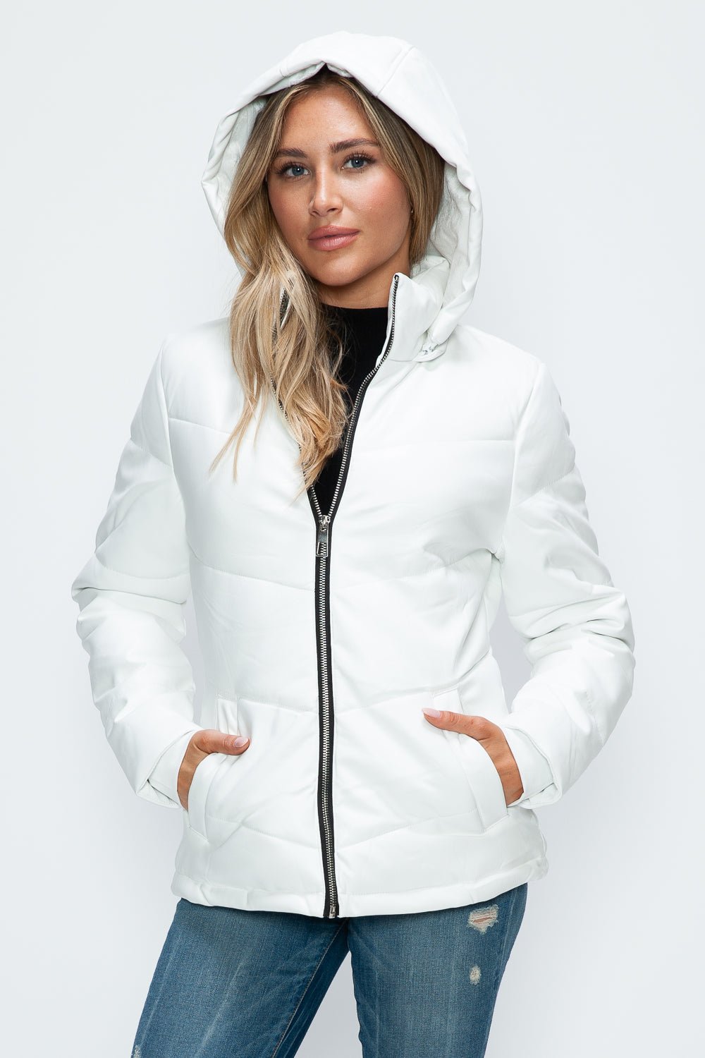 HOW DARE U - White Vegan Leather Zip Up Puffer Jacket